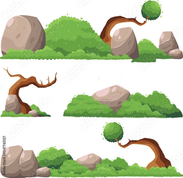 Fototapeta  Cartoon Landscape Elements with Bushes, Rocks, and Trees