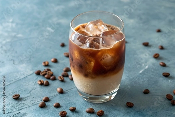 Fototapeta Glass of iced latte coffee with milk and ice cubes on a gray-blue textured background, surrounded by scattered roasted coffee beans, perfect for cafes