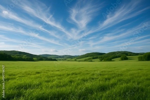 Obraz Serene green field landscape under a vibrant blue sky with wispy clouds