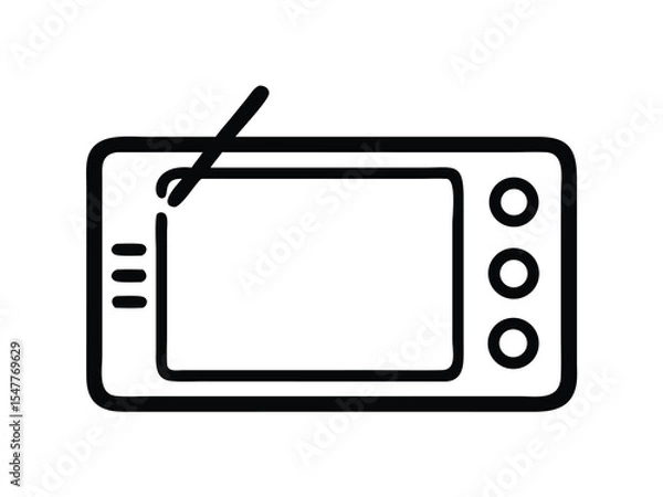 Fototapeta Minimalist black and white icon of a digital drawing tablet with stylus, featuring shortcut buttons and a display area. Ideal for representing digital art, graphic design, or creative tools