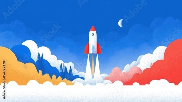 Fototapeta Retro rocket illustration launching through fluffy clouds against a blue sky, symbolizing adventure, exploration, and innovation in a whimsical design style
