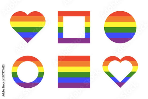 Fototapeta Rainbow flag backdrops. Gay pride frames. Progress Logo symbol. LGBT icons. Stickers in rainbow colors. Circle, square, heart badge, push button. Template flat design.