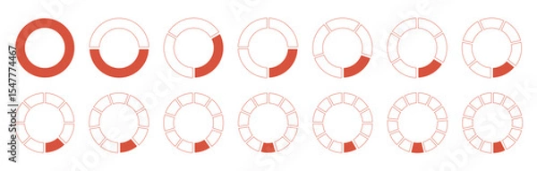Fototapeta Circles divided diagrams 1, 2, 3, 10, 7, 8, 9, 10, 11, 12, 13, 14 equal parts. Pie, pizza graph shape section charts icons. Coaching blank simple template. Red segments wheel round divide infographic.