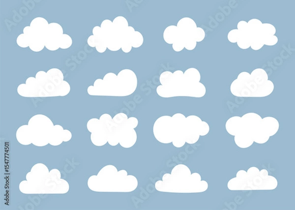 Fototapeta White clouds in blue sky. Puffy, fluffy, cumulus clouds on blue backdrop. Cloudy shapes pattern. Weather abstract elements template. Objects cloudscape.