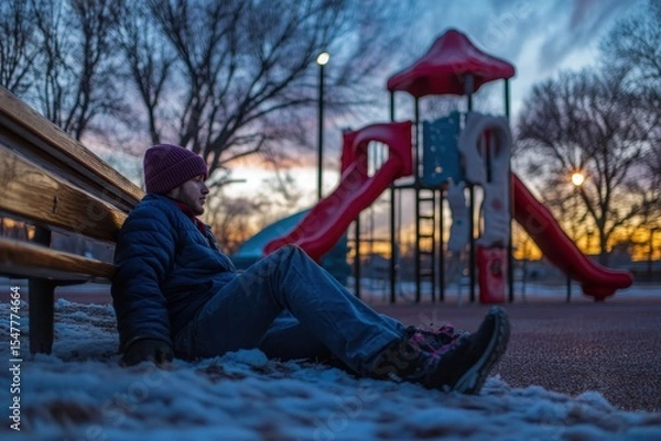 Obraz Young Person Relaxing at Playground During Sunset in Winter Season