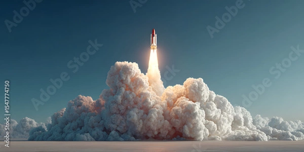 Fototapeta Rocket Ascent: A rocket streaks skyward, engulfed in a billowing cloud of smoke and fire, against a vast, azure canvas of the atmosphere, illustrating humanity's dreams and aspirations.