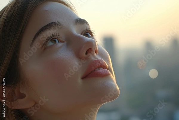 Obraz Young Woman Gazing Upwards with Hopeful Expression in Urban Setting