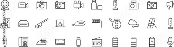 Fototapeta Camera, Media & Tech Line Icons pack – Electronics, Battery, USB, Smart Devices, and Tools
