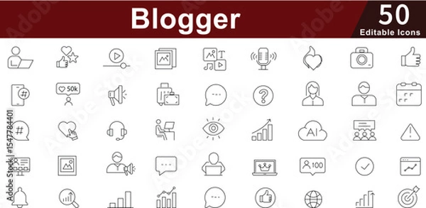 Fototapeta Blogger Content Creator Icon Set - 50 Editable Blogging Writing Icons for Social Media, Publishing and Digital Content Vector Collection