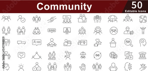 Fototapeta Community Social Network Icon Set - 50 Editable Group Connection Icons for Local Engagement, Volunteering and Civic Participation Vector Collection