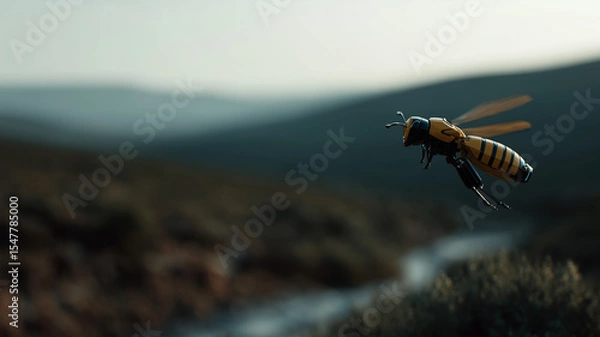 Obraz Futuristic Robotic Bee Flying Over Nature Background
