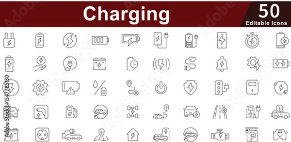 Fototapeta Charging Icon Set - 50 Editable Power Energy Icons for Electric Vehicle, Mobile Device and Renewable Energy Vector Collection