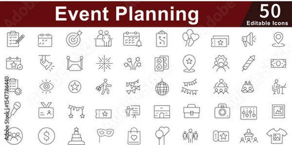 Fototapeta Event Planning Organization Icon Set - 50 Editable Party Celebration Icons for Wedding, Corporate Events and Special Occasions Vector Collection
