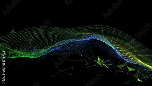 Fototapeta Abstract technology background with wavy color grid in dark cyberspace. Analytics data algorithms. Big Data. Computing concept. Banner for business, science and technology.
