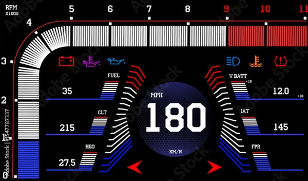 Fototapeta Car dashboard modern automobile control illuminated panel speed display vector illustration.
