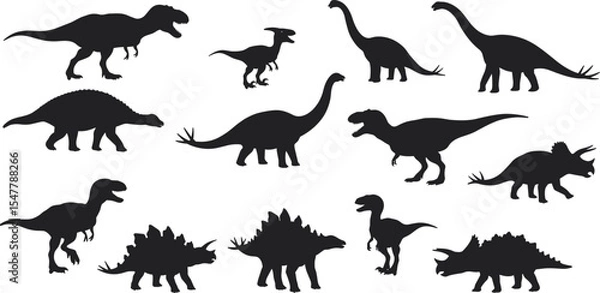 Fototapeta Dinosaur silhouette vector bundle, prehistoric animals graphic set, black Jurassic creatures clipart, T-Rex, Stegosaurus, Triceratops for kids, crafts, education, science, and decoration