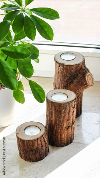 Fototapeta Set of Old Log Candle Holders with Tealights in a Natural Interior Setting