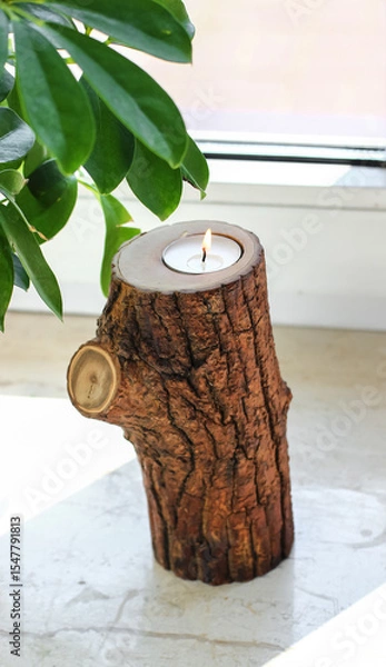 Fototapeta Tree Branch Tealight Candle Holder with Side Knot and Natural Bark for Rustic Home Decor