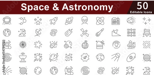 Fototapeta Space & Astronomy Line Icons set- Universe, Planets, Galaxy, Stars & Exploration Vector Set. Editable Stroke 
