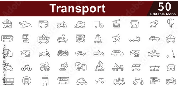 Fototapeta Transport & Vehicle Line Icons set - Travel, Delivery, Logistics, Commute & Mobility Vector. Editable Stroke 