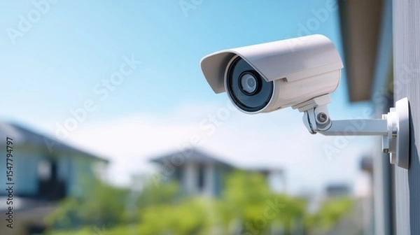 Obraz Modern Surveillance Camera on House Exterior – Right Side Space with Blurred Suburban Garden