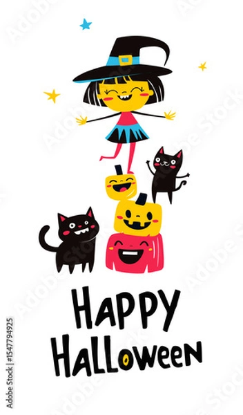 Fototapeta Cute Halloween Witch with Pumpkins and Black Cats. Happy Halloween Greeting Illustration