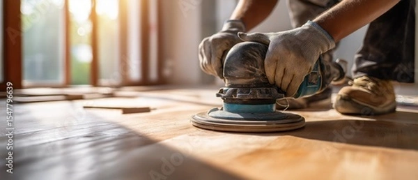 Obraz Construction Worker Using Electric Floor Sander – Close-Up on Hardwood Surface and Gloved Hands