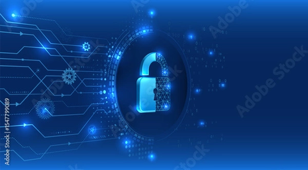 Obraz Digital illustration with a blue background depicting a lock in the center, surrounded by gears, circuits and binary code. Ideal for cybersecurity and data protection topics.
