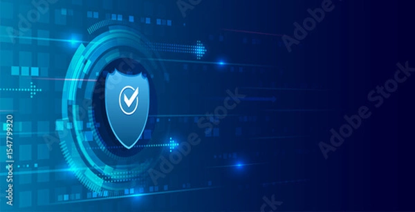 Obraz Technological background with a shield in the center, and arrows and stripes symbolizing security and information transfer, data protection and reliable digital infrastructure. Modern cyber theme.