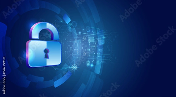 Obraz Digital illustration with a blue background depicting a padlock surrounded by gears, circuits and binary code. Ideal for cybersecurity and data protection themes.