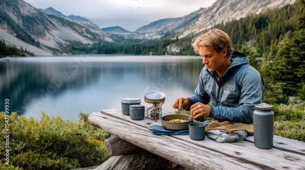 Fototapeta Camper Preparing Meal on Eco Stove by Glacial Lake with Zero-Waste Gear

