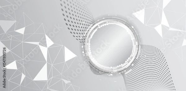 Obraz Abstract grey tech background with futuristic circular interface, dotted wave patterns and polygonal grid. Perfect for innovation, presentations and high-tech design concepts.