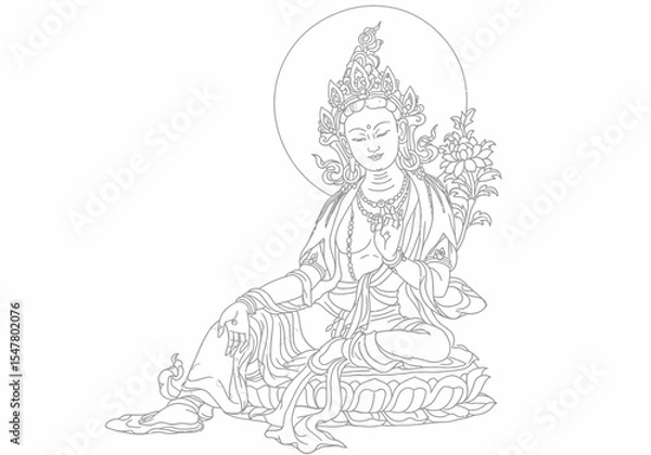 Fototapeta Tara drawing. It is a black and white outline sketch of Tara, a Buddhist goddess, seated gracefully on a lotus, radiating peace and wisdom. Vector sketch line art draw.