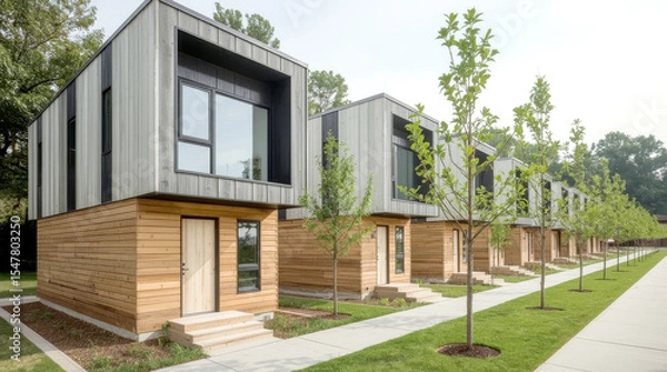 Fototapeta Modular homes exterior designs of modern architecture, cubic-designed residential or club houses, featuring a striking combination of natural wood cladding on the lower sections and dark grey