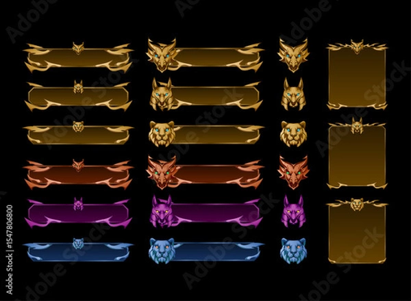 Obraz set of dragon, lion, anubis button and frame panel overlay for fantasy medieval game ui