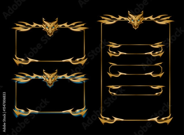Obraz set of golden mystical dragon frame panel overlay for twitch streamer or game ui template
