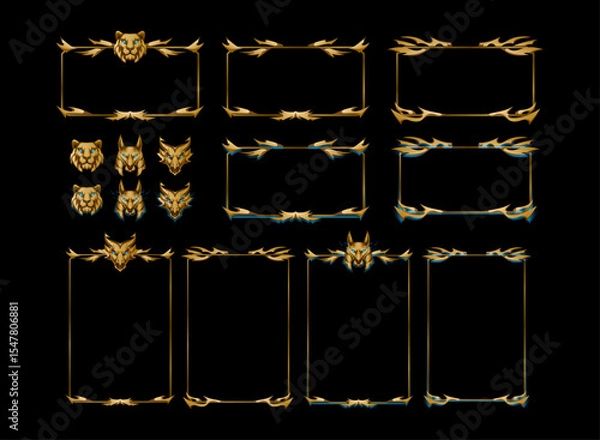 Obraz set of golden mystical dragon, lion, anubis frame panel overlay for twitch streamer or game ui template