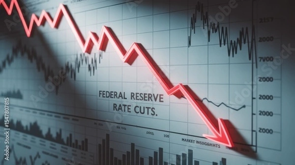 Fototapeta Close-up of financial chart with downward trending line symbolizing Federal Reserve rate cuts, economic recession concept, stock market volatility and investment risk analysis.