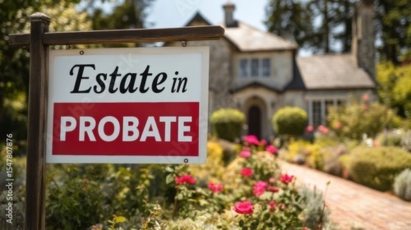 Obraz Avoid inheritance disasters. Estate in probate sign in front of a charming home with garden.