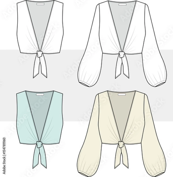 Obraz Women's knotted hem blouse, ribbon crop top technical fashion drawing, illustration. Flat sketch, vector, Cad, mockup set.