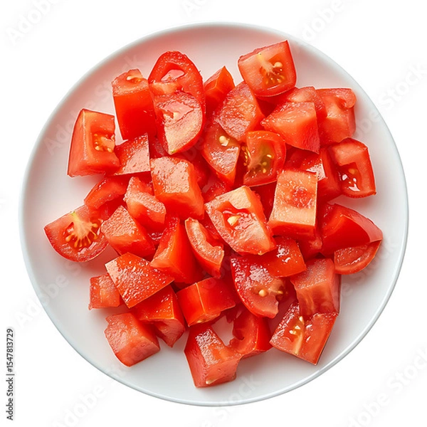 Fototapeta Chopped tomato cubes on white plate isolated on transparent background