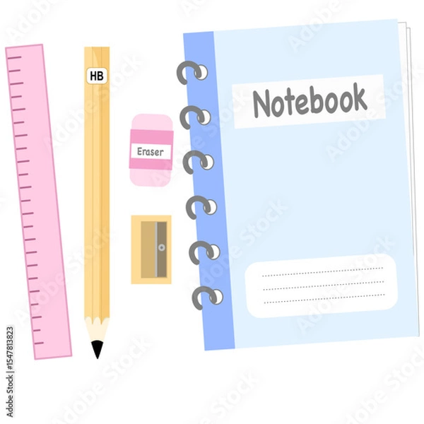 Obraz basic school supplies include pencil, eraser, Pencil sharpener, ruler, notebook