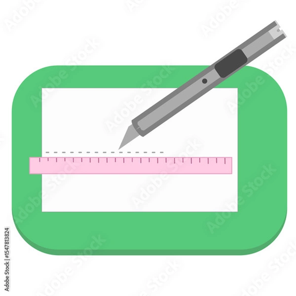 Obraz Utility Knife Scoring Paper on Green Cutting Mat with Ruler Guide