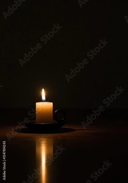Fototapeta Solemn single candle lit in complete darkness with a warm reflection, symbolizing hope, remembrance, faith, and meditation.