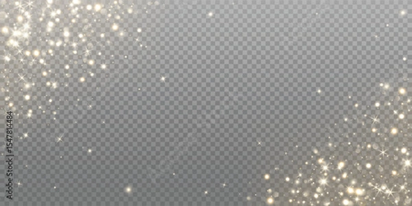 Fototapeta Golden glitter and glowing particles corner frame. Sparkling light overlay for Christmas, New Year, celebration design. Remove transparent background in vector file.