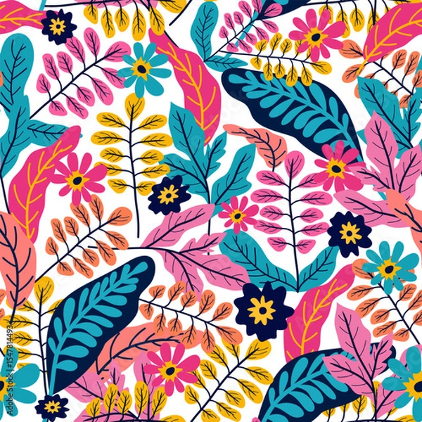 Fototapeta Colorful Floral Seamless Pattern, Hand Drawn Botanical Vector Background, Modern Nature Repeat Design