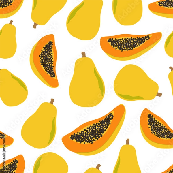Fototapeta Papaya Seamless Pattern, Tropical Fruit Vector Background, Summer Exotic Repeat Design