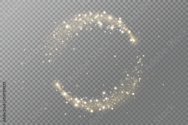 Fototapeta Golden glitter circle with sparkling lights, glow, and magic dust effect. Perfect for Christmas, party designs, celebration banners, and festive overlays. Remove transparent background in vector file.