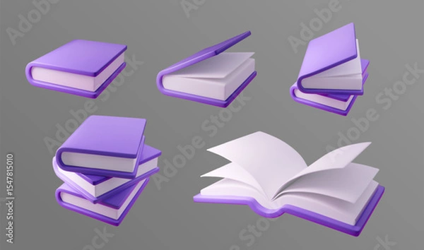 Obraz 3d Vector illustration of stylized purple books in various positions and angles. Ideal for educational themes, library promotions, or reading campaigns. Perfect for digital and print use.