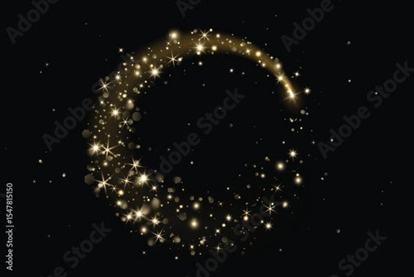 Fototapeta Add as overlay to any background or photo by using Screen mode. Golden glitter circle with sparkling lights, glow. Magic dust effect. Festive frame for Christmas, New Year cards, party posters.Vector.